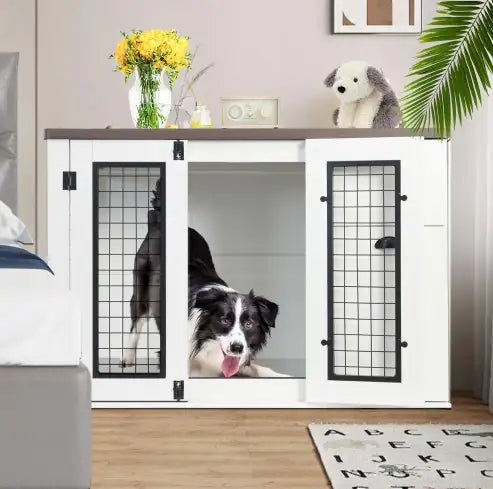 Furniture Style Dog Den, Wooden Dog Crate, Double Door Dog Crate