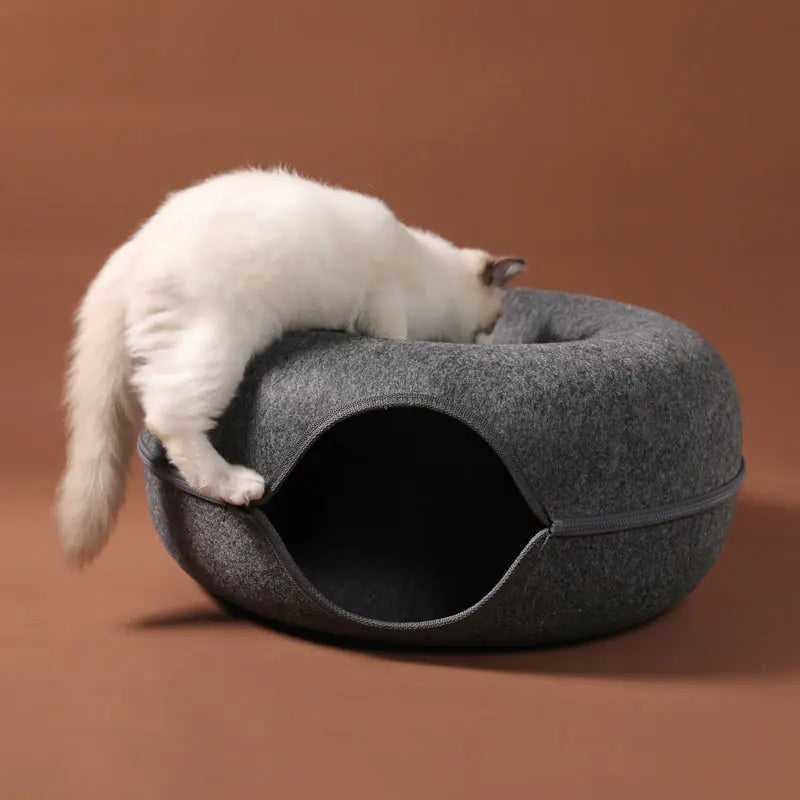 Universal Round Wool Felt Cat Bed with Tunnel (Gray)