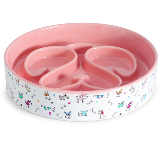PawMeow Ceramic Slow Feeder Dog Bowl 1.5 Cups/20oz Slow Feeding Dog Bowl for Large Breed 8" Cute Dog Food Bowl with Pattern for Fast Eaters Big Dog Bowl for Medium Large Flat Faced Dogs(Pink)