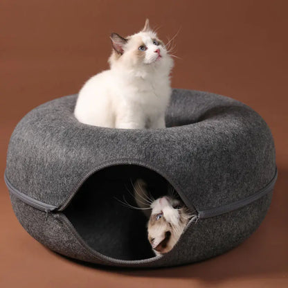 Universal Round Wool Felt Cat Bed with Tunnel (Gray)