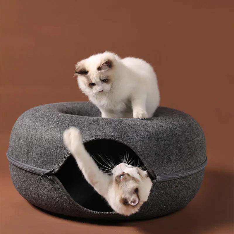 Universal Round Wool Felt Cat Bed with Tunnel (Gray)
